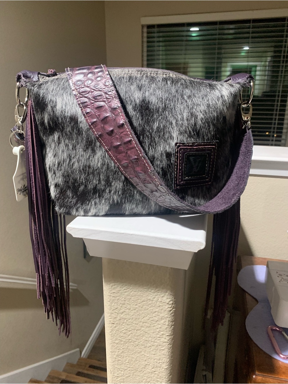 Holy Cow Couture cowhide Crossbody with Plum Accents